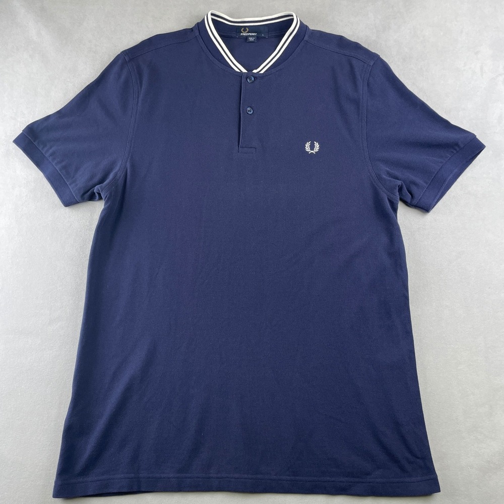 Fred Perry Men's Navy Short Sleeve Polo Shirt Laurel Wreath Regal Band Collar L‎